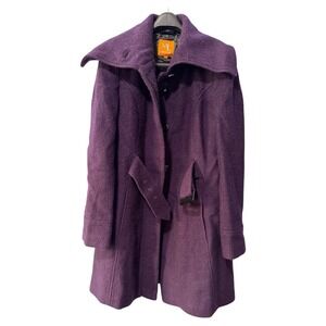 Melanie Lyne Purple Wool Blend Funnel Neck‎ Belted Coat Jacket Women